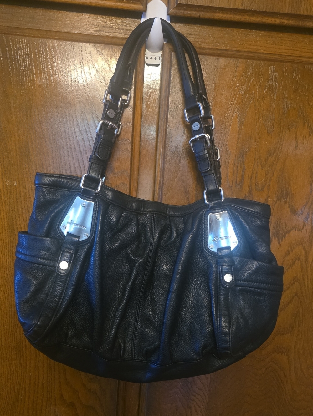 B Makowsky Black Leather Shoulder Bag with Silver Hardware